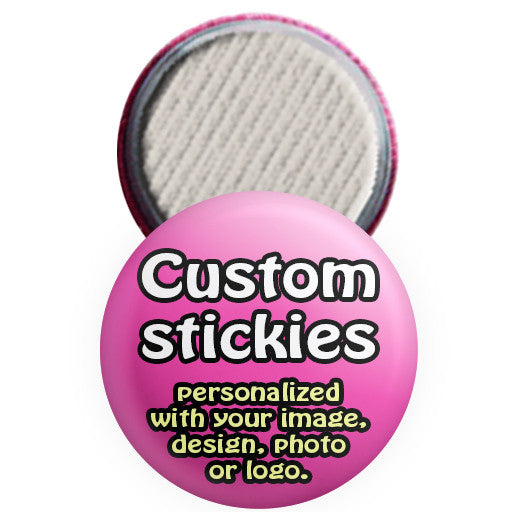 Custom promotional stickies. Personalized sticky buttons at The Button Store