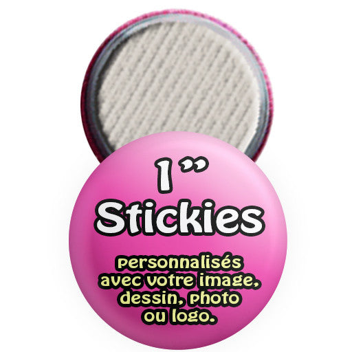 Macarons collants promotionnels personnalisés. Badges stickies 1 " personnalisés chez La Boutique de Macarons à Montréal, Qc