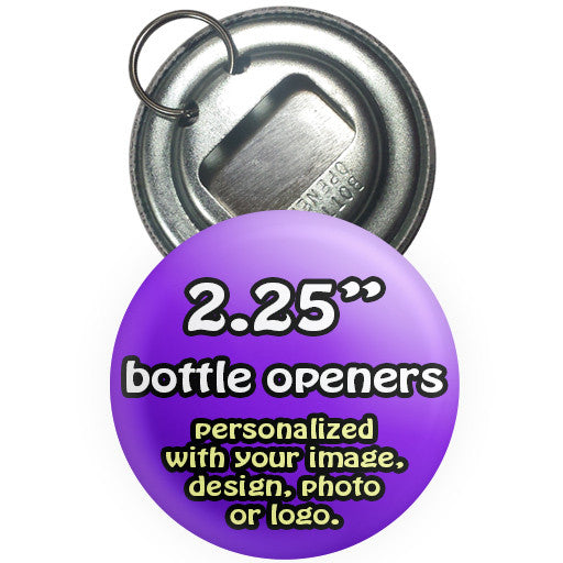 Custom promotional bottle openers. Bottle opener buttons at The Button Store Montreal. 2.25 "