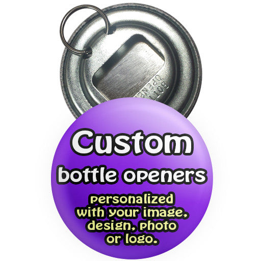Custom promotional bottle openers. Bottle opener buttons at The Button Store Montreal.