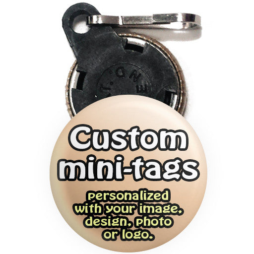 Custom promotional mini-tags. Personalized mini-tag buttons and zipper-pulls at The Button Store
