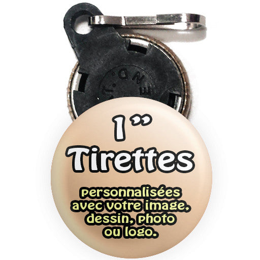 Tirettes promotionnelles personnalisées. Badges tirettes 1 " personnalisés chez La Boutique de Macarons à Montréal, Qc