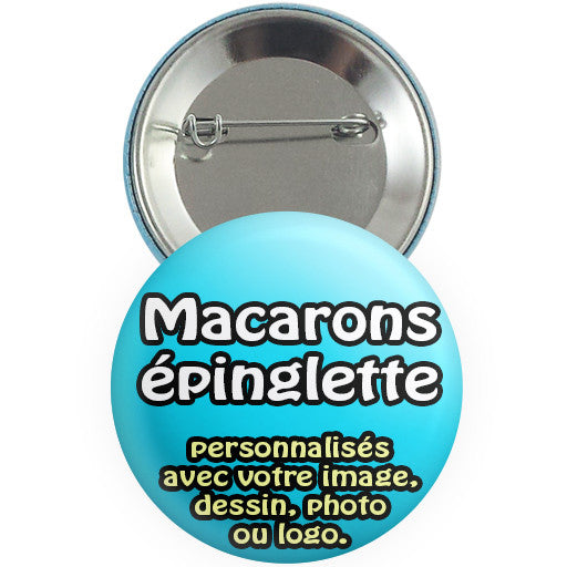 Macarons promotionnels personnalisés. Badges épinglettes personnalisés chez La Boutique de Macarons à Montréal, Qc